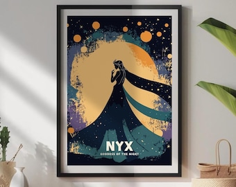 May include: A poster with a vintage aesthetic featuring a silhouette of a woman in a flowing gown against a backdrop of a starry night sky. The text "NYX GODDESS OF THE NIGHT" is displayed at the bottom of the poster.