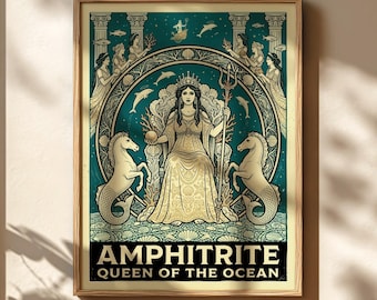 May include: A framed art print featuring Amphitrite, Queen of the Ocean. The artwork depicts a woman in a golden gown, holding a trident, flanked by seahorses. The background is teal with dolphins and other figures. The text "AMPHITRITE QUEEN OF THE OCEAN" is at the bottom.