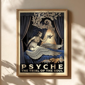 Puede incluir: Un grabado artístico enmarcado que muestra a una mujer sosteniendo una lámpara sobre una figura alada durmiente. El texto "PSYCHE THE TRIAL OF THE SOUL" está en la parte inferior. La obra tiene un estilo vintage con colores azules, dorados y marrones.