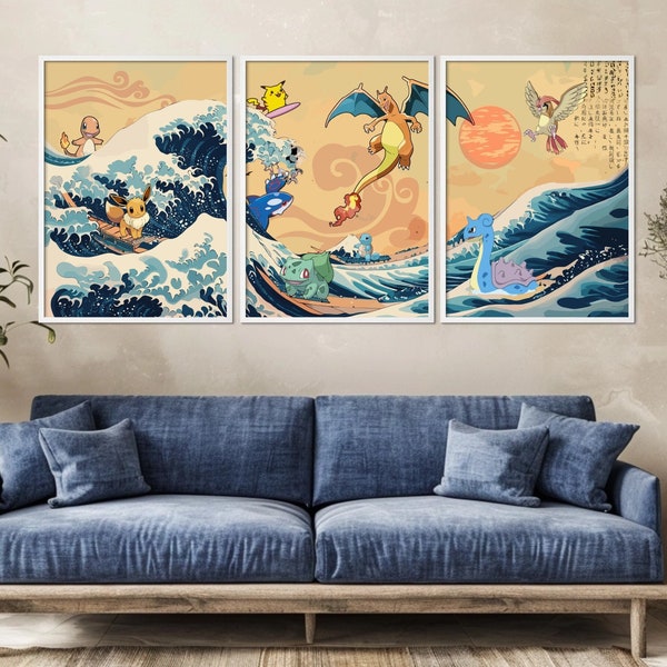 Pokemon on The Great Wave off Kanagawa Set of 3 Posters: Japanese Tapestry Style Pokemon Anime Poster - Wall Art for Bedroom and Home Décor