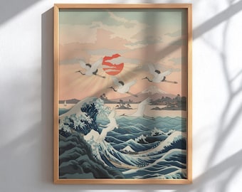 Japanese Art Print - Sea Ocean Wave Boat Painting - Vintage Poster
