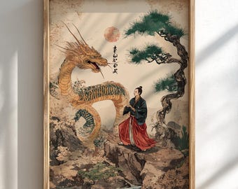 Japanese Dragon and Warrior Art Print: Traditional Mystical Decor