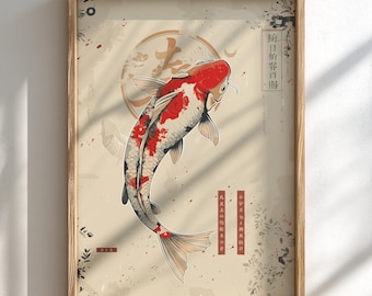 Poster raffigurante carpe koi giapponesi: stampa xilografica, arte della cultura giapponese.