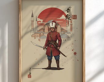 Impresión artística en tinta japonesa de guerrero otomano jenízaro, póster sumi-e del sol naciente, decoración en técnica mixta