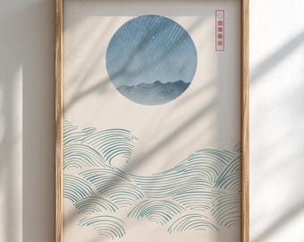 Grabado artístico japonés: Océano azul y luna, estilo xilografía.