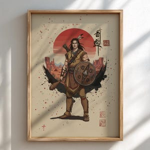 Op de afbeelding: Ingelijste illustratie van een Indiaanse krijger met lang haar, die een schild en een knots vasthoudt, tegen een woestijnlandschap en een rode zon. Het kunstwerk is in bruin-, beige- en roodtinten, met Japanse karakters.