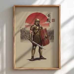 Puede incluir: Ilustración de un soldado romano con armadura dorada, sosteniendo una espada y un escudo con un diseño de sol. El fondo presenta un estadio con espectadores y texto japonés.