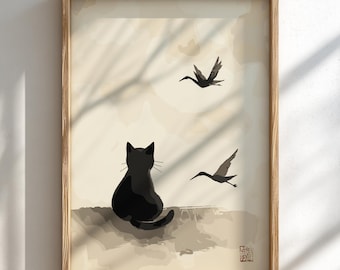 May include: A framed art print featuring a black cat sitting and looking up at two flying birds. The artwork has a minimalist style with a neutral color palette, and is framed in a light wood frame.