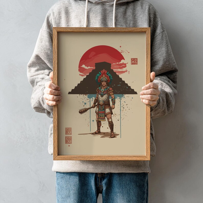 Aztec Warrior Japanese Ink Art Print, Sumi-e Rising Sun Poster, Mixed ...