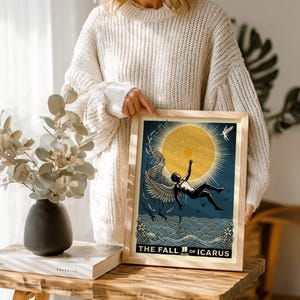 The Fall of Icarus Greek mythology poster, featuring a man falling with melting wings near a sun and waves.