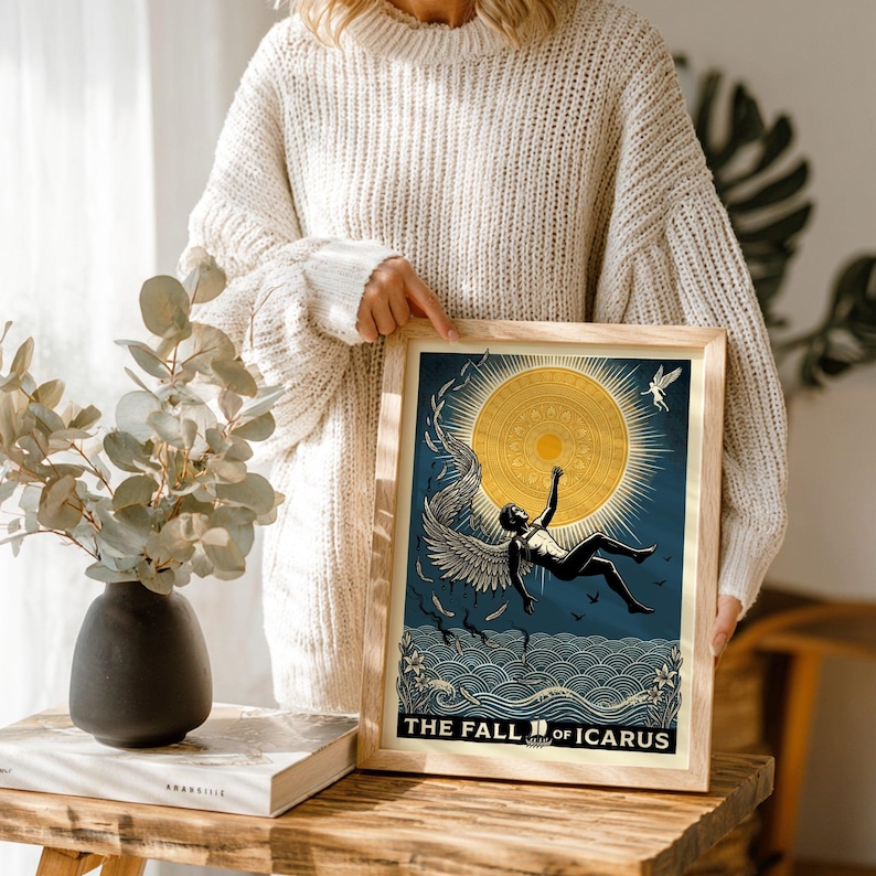 The Fall of Icarus Greek mythology poster, featuring a man falling with melting wings near a sun and waves.