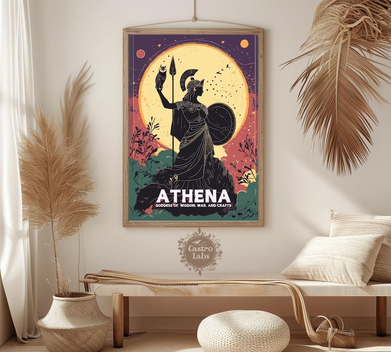Athena poster hanging in a cozy space with natural elements, surrounded by a minimalist decor featuring neutral tones.