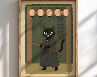 Samurai Cat Print | Ukiyo-e Japanese Ronin Art