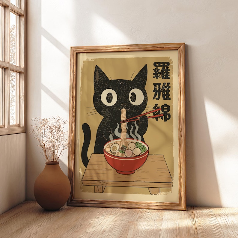 Ramen Cat Poster, Japanese Food Lover Art Print