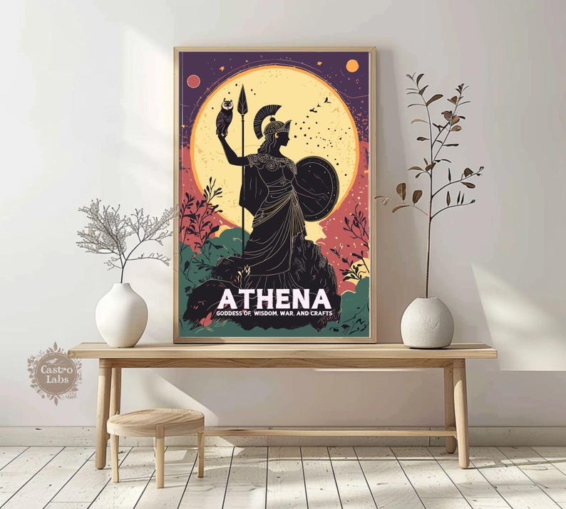 Framed Athena artwork presented in a bright, minimalist space, decorated with natural elements and stylish decor.
