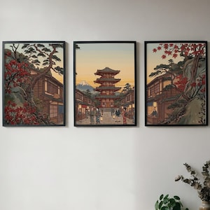 Japanese Pagoda Triptych - Traditional Woodblock Wall Decor