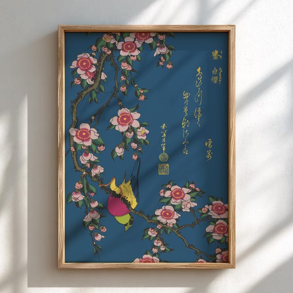 ウソとシダレザクラ 北斎版画、うそ枝垂れ桜 浮世絵、日本の木版画