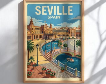 Seville Spain Travel Poster - Mediterranean Plaza Wall Decor