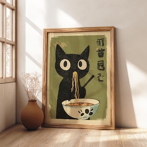 Black cat eating ramen noodles in a vintage Japanese-style art print, humorous kitchen wall decor.