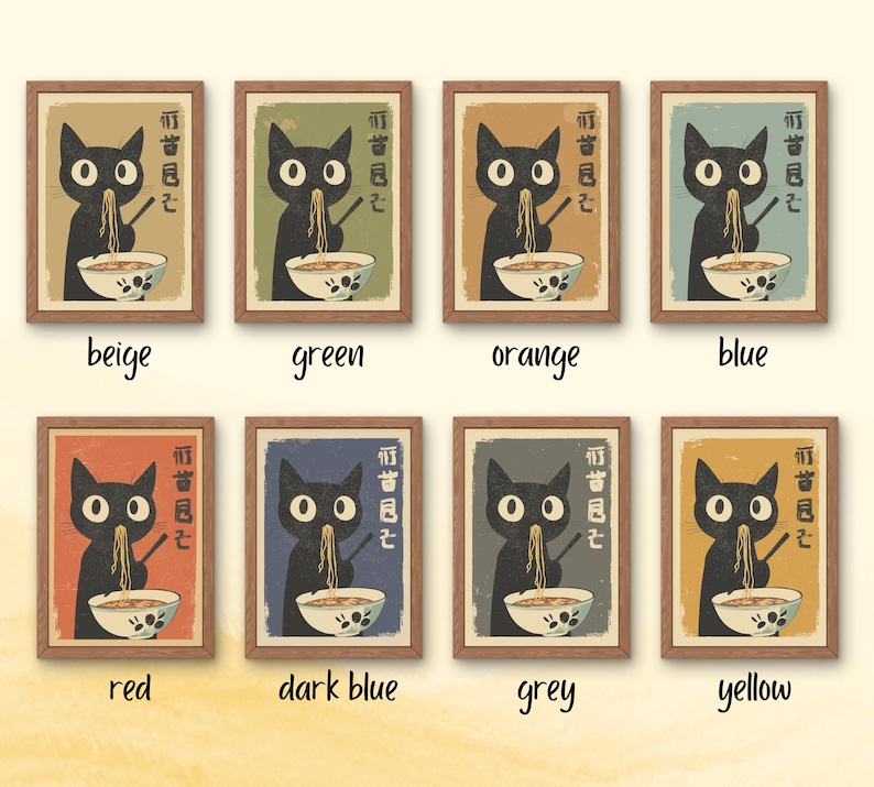 Black cat eating ramen noodles in a vintage Japanese-style art print, humorous kitchen wall decor. In multiple colours