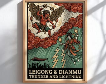 Leigong and Dianmu Poster, Chinese Thunder Lightning Wall Art, Chinese Mythology Print, Storm Decor