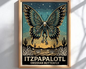 Itzpapalotl Obsidian Butterfly Poster, Aztec Goddess Wall Art, Mesoamerican Mythology Print, Dark Fantasy Decor