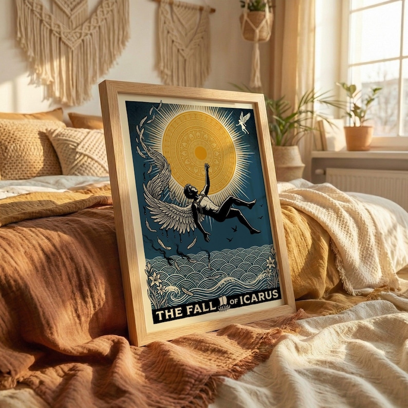 The Fall of Icarus Greek mythology poster, featuring a man falling with melting wings near a sun and waves.