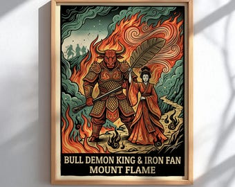 Bull Demon King and Iron Fan Poster, Chinese Folklore Wall Art, Chinese Mythology Print, Journey West Decor