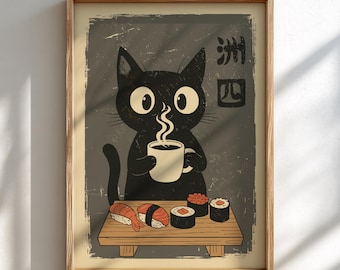 Ukiyo-e Black Cat Sushi Art Print: Funny Japanese Woodblock Decor - MULTIPLE COLORS