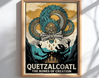 Quetzalcoatl Bones of Creation Poster, Aztec Feathered Serpent Wall Art, Mesoamerican Mythology Print, Serpent God Decor