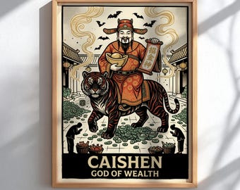 Caishen God of Wealth Poster, Chinese Tiger Illustration Wall Art, Chinese Mythology Print, Prosperity Decor