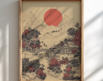 Japanese Wall Art Picture Poster – Red Sun Over Lake and Mountains