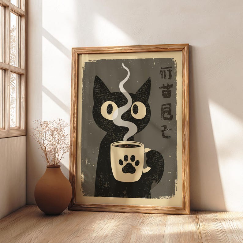 Black Cat Drinking Coffee Poster: Japanese Coffee Art Print