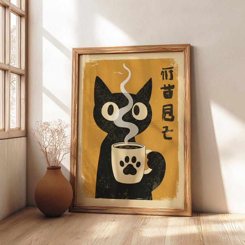 Black Cat Drinking Coffee Poster: Japanese Coffee Art Print