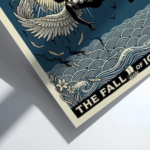 The Fall of Icarus Greek mythology poster, featuring a man falling with melting wings near a sun and waves.