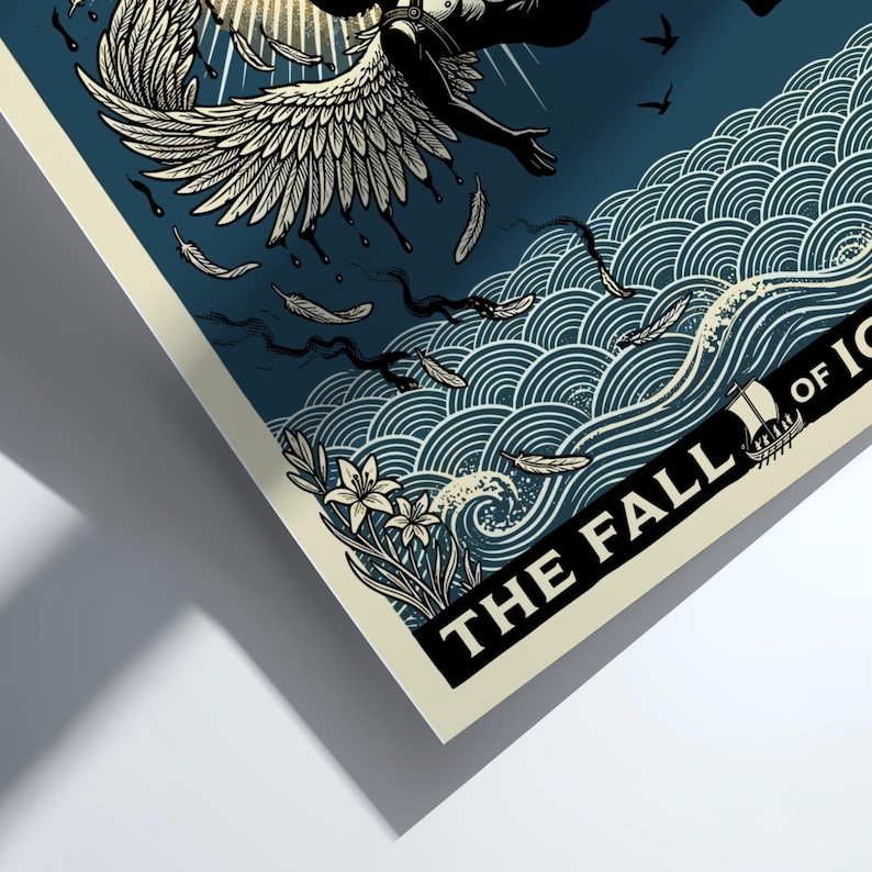 The Fall of Icarus Greek mythology poster, featuring a man falling with melting wings near a sun and waves.