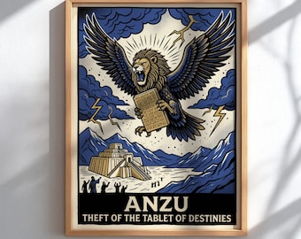 Anzu Theft of the Tablet of Destinies Poster, Mesopotamian Bird Demon Wall Art, Ancient Babylonian Mythology Print, Dark Fantasy Decor