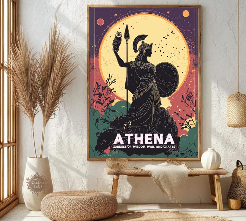 Athena poster displayed on a textured wall, featuring plants and a cozy seating arrangement, emphasizing its beauty.