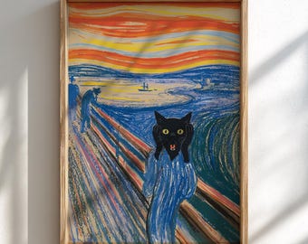 鏡の前でぼんやりしている黒猫 - 浮世絵風ミームアート - 高品質