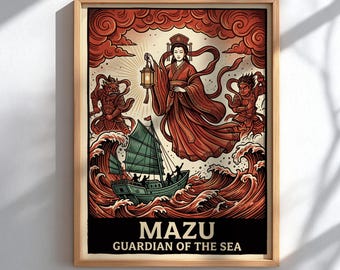 Mazu Guardian of the Sea Poster, Chinese Goddess Wall Art, Chinese Mythology Print, Coastal Decor