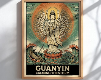 Guanyin Calming the Storm Poster, Chinese Goddess Wall Art, Chinese Mythology Print, Spiritual Decor