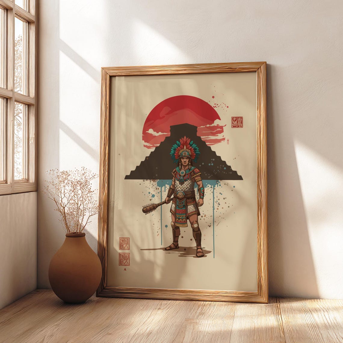 Aztec Warrior Japanese Ink Art Print, Sumi-e Rising Sun Poster, Mixed ...