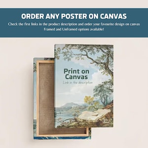 Puede incluir: Una impresi&oacute;n en lienzo de una pintura de paisaje con un lago y &aacute;rboles. El texto "Print on Canvas" y "Link in the description" est&aacute; impreso en el lienzo.
