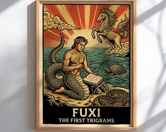 Fuxi The First Trigrams Poster, Chinese Sage Wall Art, Chinese Mythology Print, Ancient Wisdom Decor