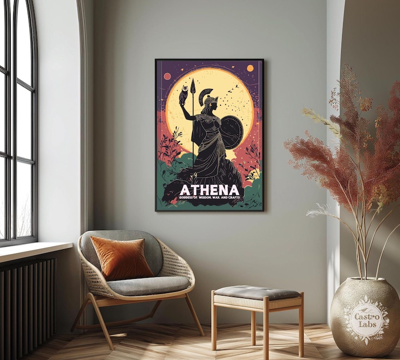 Athena poster framed in a stylish setting, showcasing her mythological image with soft furnishings and natural light.