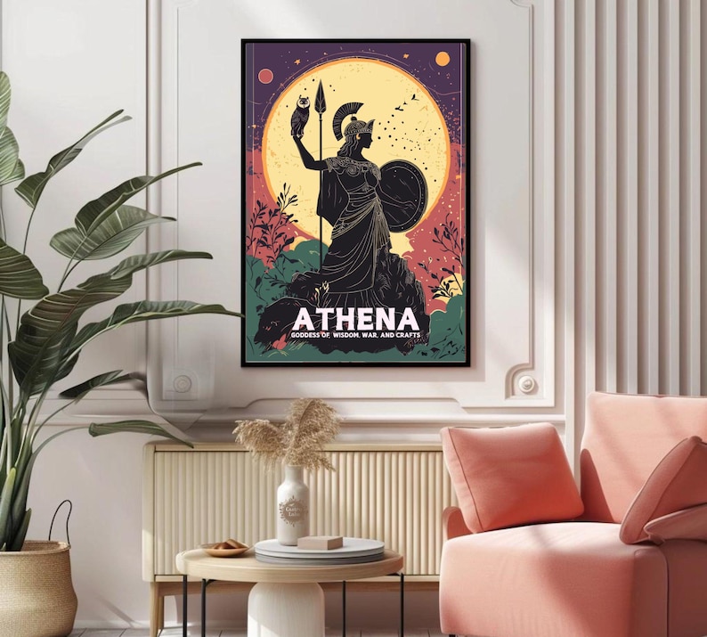 Framed Athena artwork positioned in an elegant room with soft pink accents, highlighting her significance in mythology.
