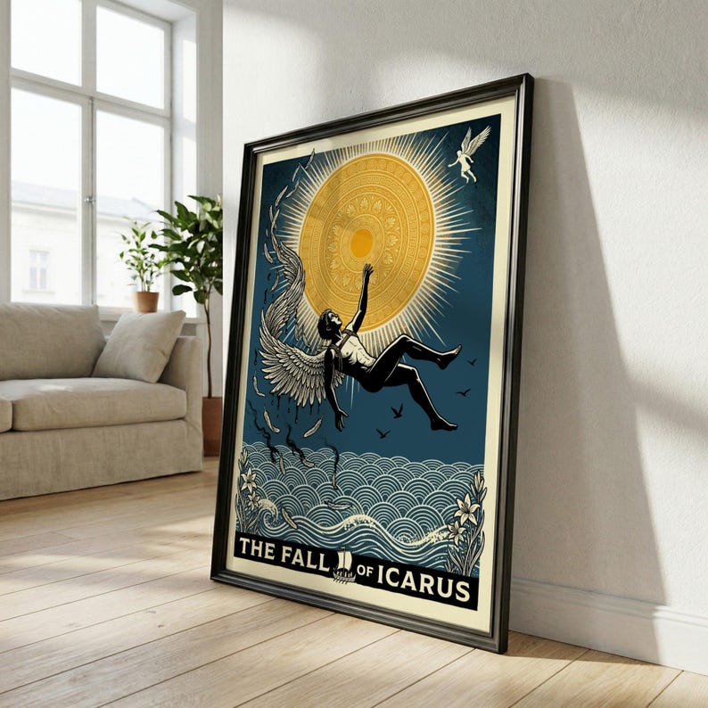 The Fall of Icarus Greek mythology poster, featuring a man falling with melting wings near a sun and waves.