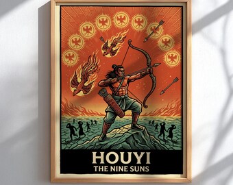Houyi The Nine Suns Myth Poster, Chinese Archer Wall Art, Chinese Mythology Print, Folklore Decor