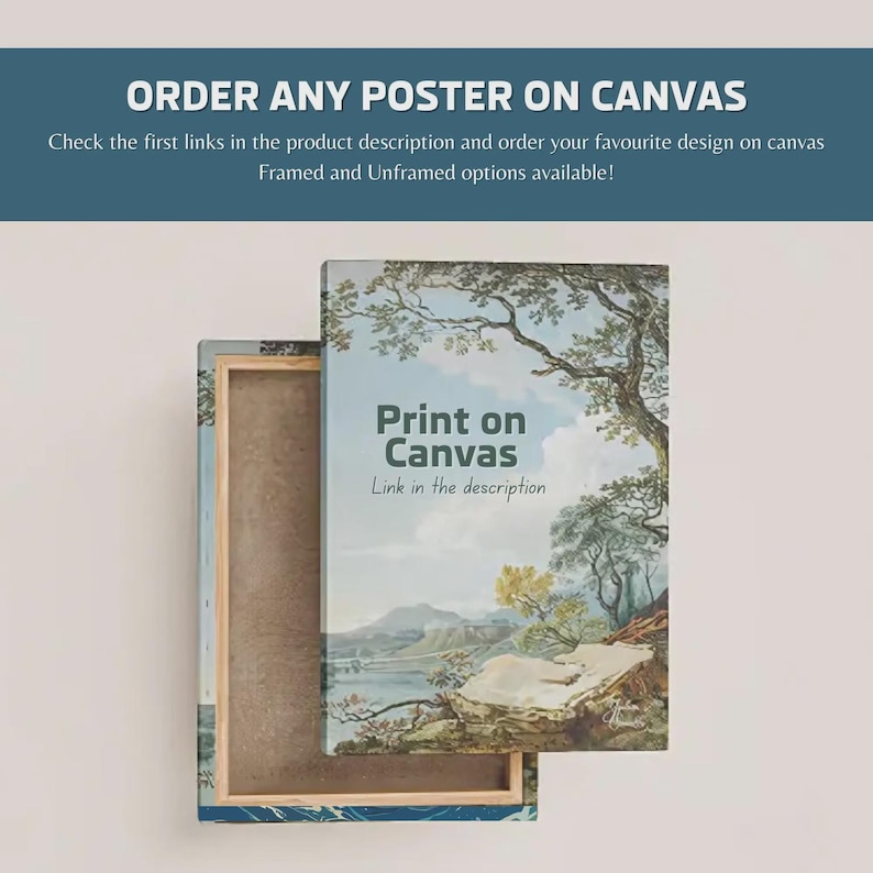 May include: A canvas print with a landscape painting, featuring a tree and a body of water. The text "Print on Canvas" is displayed on the front. The canvas is displayed in a wooden frame. The text "Order any poster on canvas" is at the top.