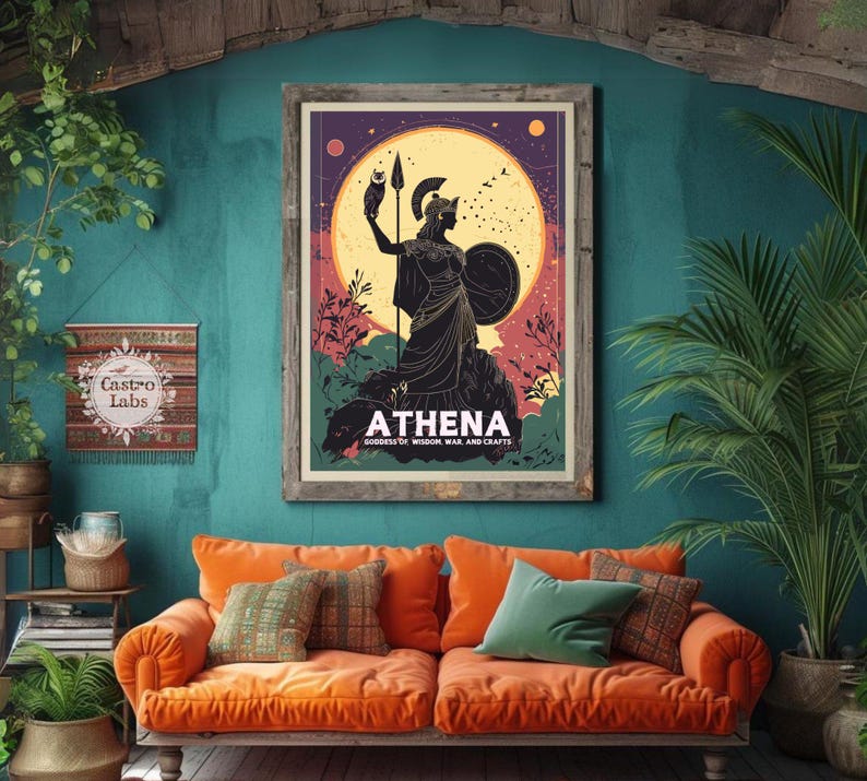Picture of Athena art piece in a rustic frame, set against a vibrant green wall with decorative plants and furniture.